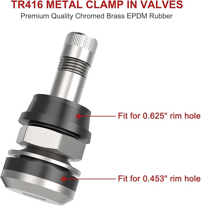 SUNSOUL TR416 25pcs Metal Valve Stems Outer Mount Fits .453" & .625" Rim Holes, Silver, High-Pressure Clamp-in Tire Valves