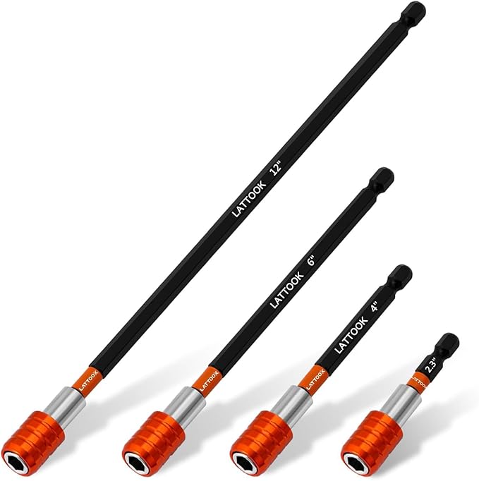 Drill Bit Extension Set, LATTOOK 4-Pieces 2-3/8", 4", 6", 12'' Long Magnetic Drill Screwdriver Bit Holder Extender, 1/4 Inch Hex Quick Release Bit Holder for Drill Bits