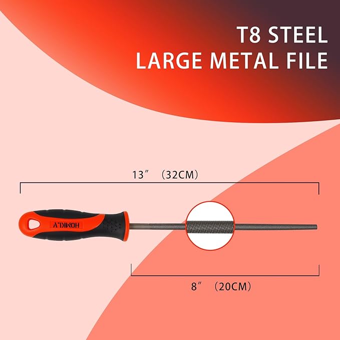 8 Inch Round Hand File with High Carbon Hardened Steel, Ergonomic Grip, Plastic Non-Slip Handle, Ideal for Metal, Wood, Plastic & DIY Projects