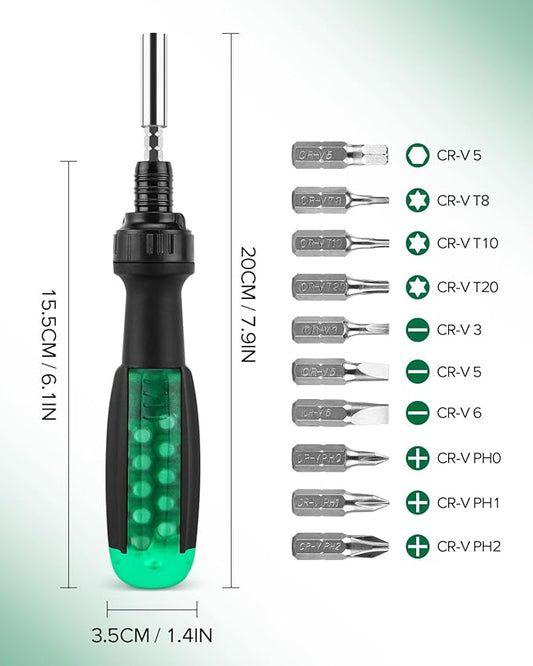 10-in-1 Ratchet Screwdriver Set - Precision Multi-bit Slotted/Pozi/Torx Screw Drivers