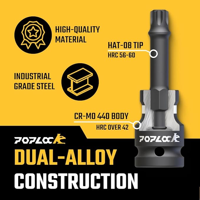 Poplock Impact Driver Set | 7-Piece 쩍 inch Drive Star Bit Set (T30?밫70) | 75mm Long Impact Driver Bit Set with 6-Lobed Allen Tips for Torx Fasteners T30 T40 T45 T50 T55 T60 T70