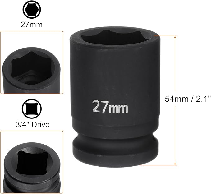 HARFINGTON 6-Point Impact Socket 3/4" Drive 27mm Metric 40Cr Alloy Steel Spindle Axle Nut Impact Socket