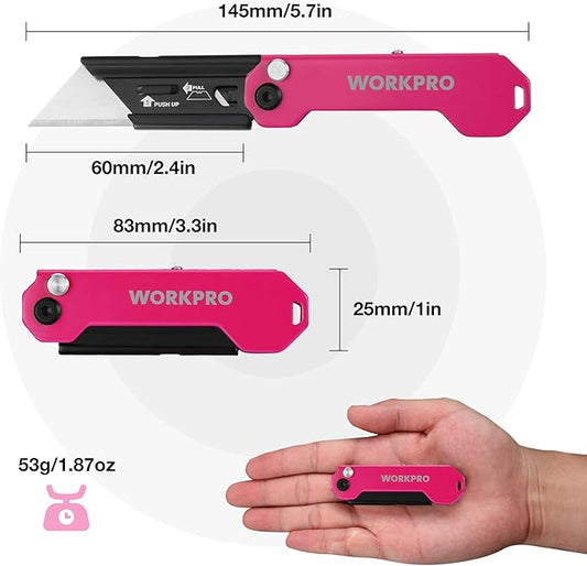 WORKPRO 2PCS EDC Folding Utility Knife, Mini Box Cutter with Quick Open Axis Lock, Quick Change Blade Razor Knife, Foldable Small Pocket Knife with Belt Clip, 2 Packs with 10 Extra Blades
