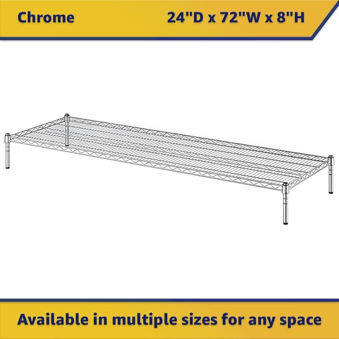 24" x 72" x 8" Chrome Wire Storage Shelf, Dunnage Rack, Commercial 1 Tier Small Shelf