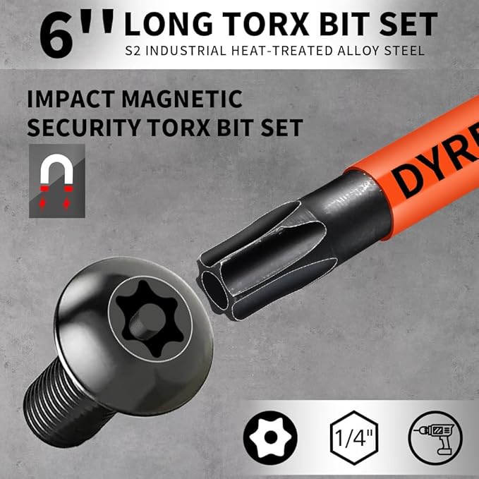 Impact Security Torx Bit Set 6-Inch Long (8-Pack T8-T40), S2 Steel Tamper Proof Star Bits Set, with 1/4'' Hex-Shank, Magnetic and High-Torque, for Automotive, Electronics, DIY