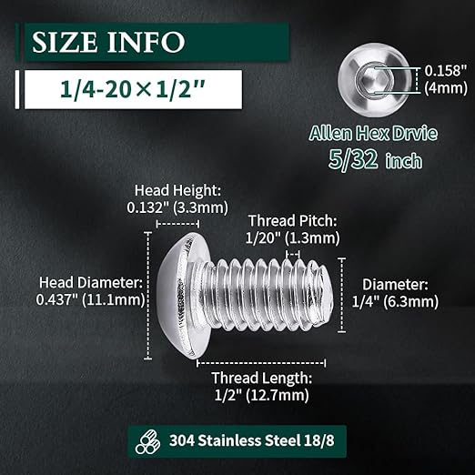 1/4-20 x 1/2" Button Head Socket Cap Bolts Screws, 304 Stainless Steel 18-8, Allen Hex Drive, Bright Finish, Fully Machine Thread, Pack of 100