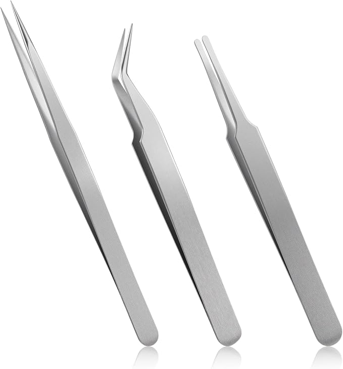 3Pcs Precision Tweezers Set, Stainless Steel Reverse Tweezers for Crafting Extra Fine, Angled, Blunt Tips for DIY Crafts Jewelry Making Beading Laboratory Work, Needle Nose Tweezer