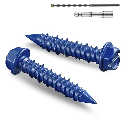 35Pcs 1/4 x 1-1/4 Inch Concrete Screws Anchor with Drill Bit, Blue Hex Head Masonry Brick Stucco Cement Block Screws, Diamond Point