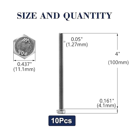 1/4-20 x 4 Hex Head Screw Bolt, 10Pcs 18-8 (304) Stainless Steel, Fully Threaded, Plain Finish, by SG TZH