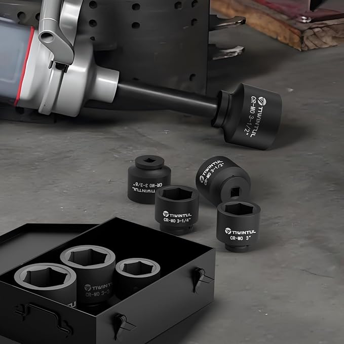 7-Piece 1-Inch Drive Socket Set, SAE, 3", 3-1/8", 3-1/4'', 3-3/8", 3-1/2",3-3/4", 4" Shallow Spindle Axle Nut Socket, Jumbo Impact Socket Set with Metal Case for Trailer & Heavy Equipment