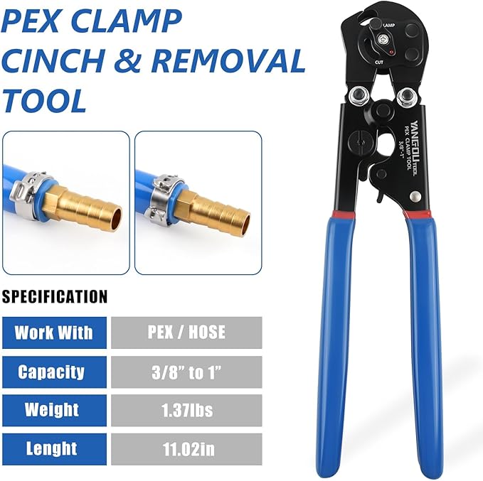 2 IN 1 Ratchet PEX Crimping Tool Kit - Cinch and Remove Dual Function Suitable for 3/8" to 1" Stainless Steel Clamps with Pex Cutter and Stainless Steel Pex Clamps 1/2" 25PCS, 3/4" 10PCS