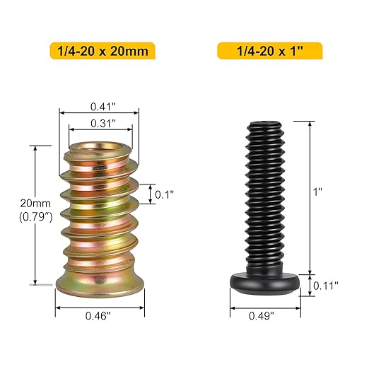Threaded Inserts and Bolts Set, 30 Sets, 1/4-20 x 20mm Threaded Inserts for Wood, 1/4-20 x 1 Furniture Screws, 1/4 Bolt Flat Head 304 Stainless Steel, Hex Socket Drive, with 2Pcs Hex Wrench