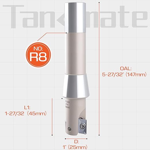 Indexable End Mill Nickel Plated 1" Cutting Diameter x 5-27/32" Oal 90 Degree, R8 Shank, Includes 2 APKT1604 Carbide Inserts