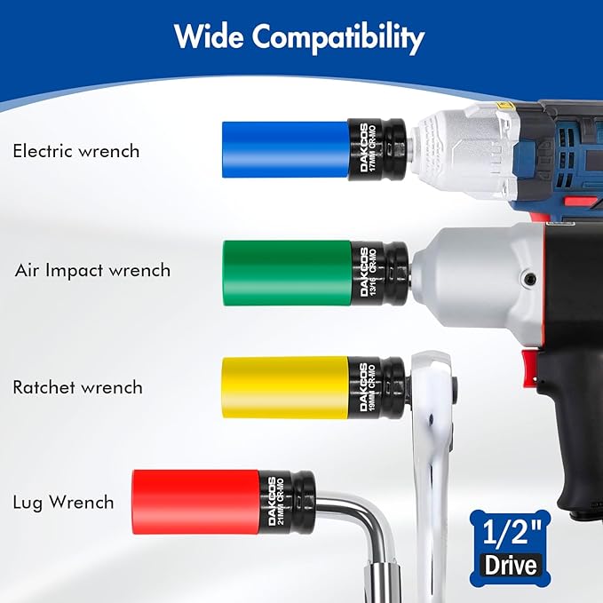 1/2" Drive Impact Lug Nut Socket Set, 5PCS Metric 17 19 21MM & SAE 13/16 7/8INCH Wheel Socket Set, Thin Wall Socket Set with Colored Protective Covers
