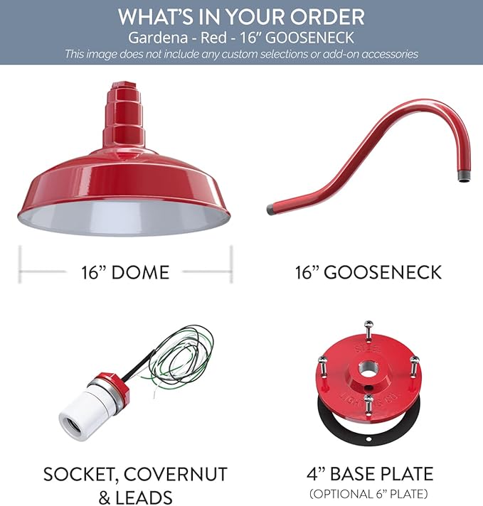 Steel Lighting Co. | Dusk to Dawn | Gardena Barn Light | Outdoor Wall Mounted | 16" Dome | 16" Gooseneck | Farmhouse Light Made in America | Red Exterior/White Interior
