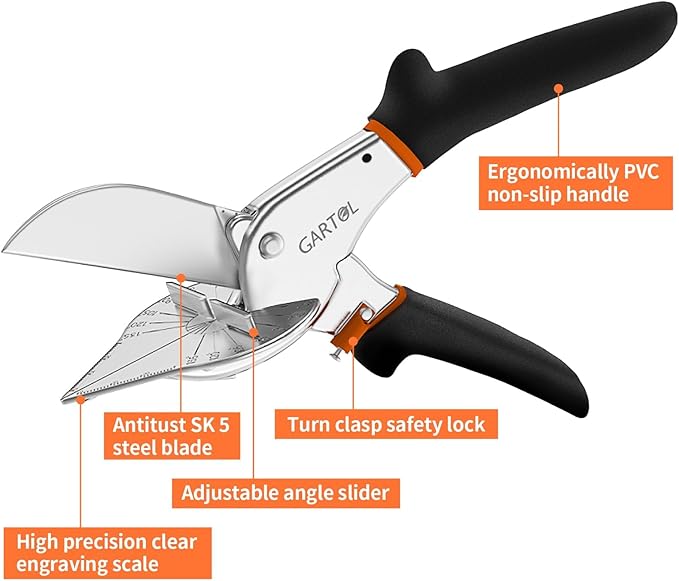 GARTOL Miter Shears- Multifunctional Trunking Shears for Angular Cutting of Moulding and Trim, Adjustable at 45 to 135 Degree, Hand Tools for Cutting Soft Wood, Plastic, PVC, with Replacement Blades