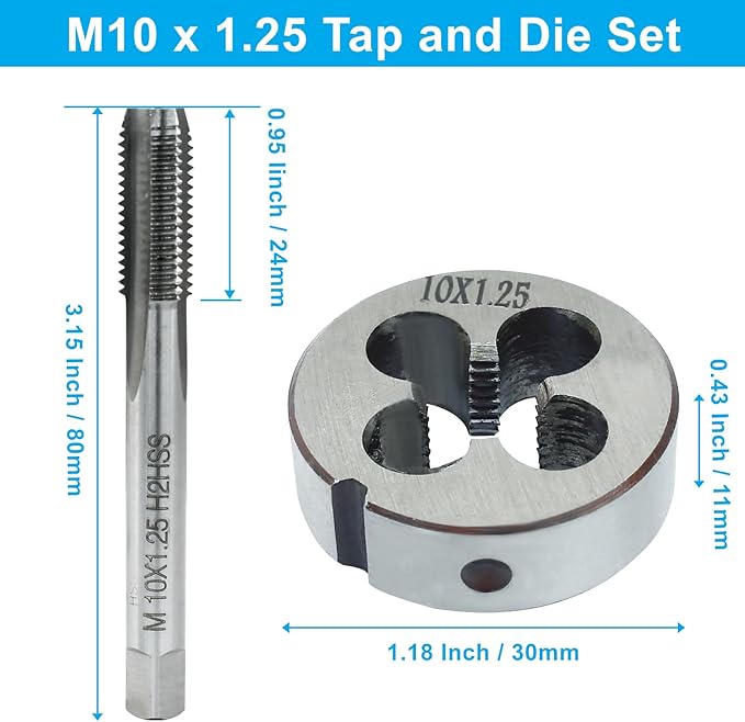 HARSKIYER M10 x 1.25 Metric Tap and Die Set, HSS Machine Thread Tap Die Set, M10 x 1.25mm Right Hand Thread Tapping Tool