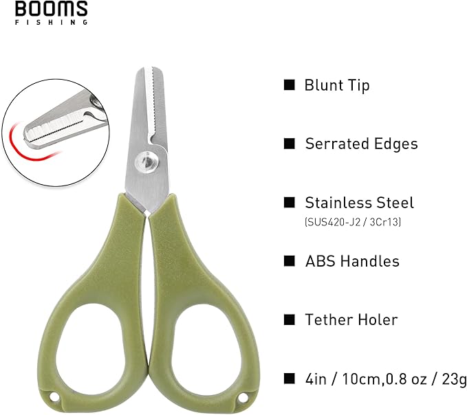 Booms Fishing Fishing Scissors for Braided Line, Fishing Line Cutter Saltwater and Freshwater, Fishing Serrated Shears with Retractor, S01