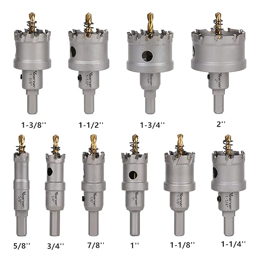 10PCS Carbide Hole Saw Kit, 5/8'' to 2'' Metal Hole Cutter with Pilot Drill, Holesaw for Hard Metal, Stainless Steel, Iron, Mild Steel, Aluminium, Alloy, Plastic, Fiberglass