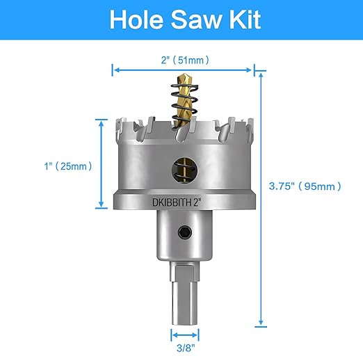 DKIBBITH TCT Hole Saw 2"(51mm) Heavy Duty Tungsten Carbide Tipped Hole Cutters for Stainless Steel, Copper, Iron, Brass, Plastic with Titanium-Plated Pilot Drill Bits.