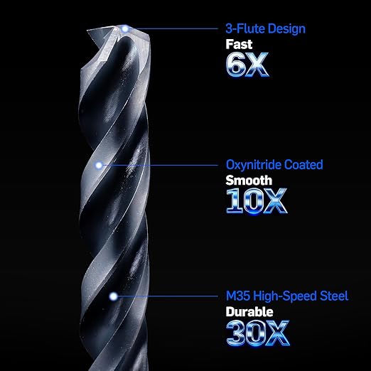 3-Flute Cobalt Drill Bit Set, M35 Metal Drill Bits for Metal and Steel, Oxynitride Coated, 3-Flats Shank, 135 Degree Split Point, for Hardened Steel, Stainless Steel, 17-Piece, 1/16"-3/8"