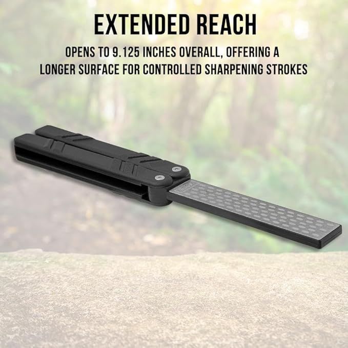 Max Edge Black Sharpener | 5 3/8" Compact Folded Size | Diamond-Coated Sharpening Surface | Textured Handle for Grip | Dual-Grit 400/1000 Stone | 9 1/8" Overall Length When Open