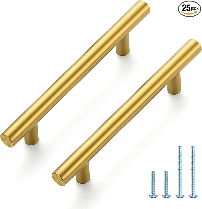 JOY DECOR 25 Pack 6-3/8 Inch Cabinet Pulls Kitchen Cabinet Handles with 4 Inch Hole Center Brushed Brass Cabinet Hardware Stainless Steel Kitchen Drawer Pulls for Cabinets Cupboard, 102mm Hole Centers