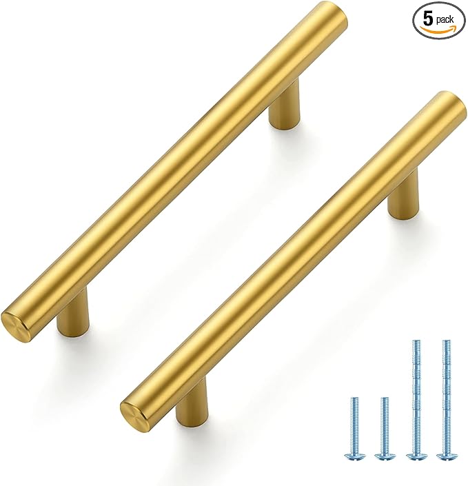 JOY DECOR 5 Pack 6-3/8 Inch Cabinet Pulls Kitchen Cabinet Handles with 4 Inch Hole Center Brushed Brass Cabinet Hardware Stainless Steel Kitchen Drawer Pulls for Cabinets Cupboard, 102mm Hole Centers