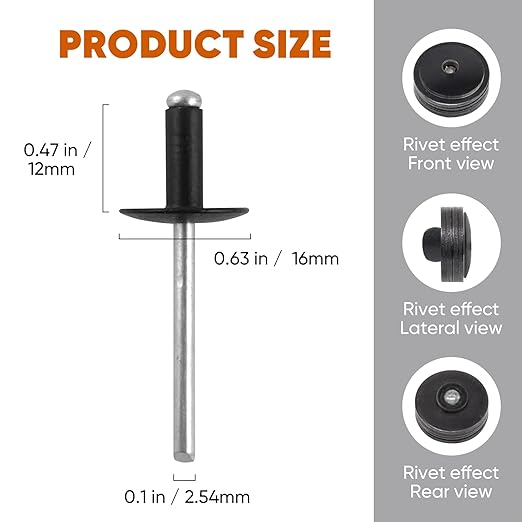 ALLCLEAN (110 pcs) 3/16 * 1/2" Large Flange Open End Black Aluminum Blind Rivets,4.8 * 12 Pop Blind Rivet