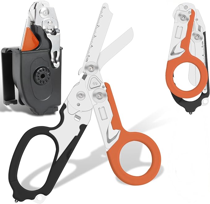 6-in-1 Heavy Duty Emergency/Trauma Shears, with Carbide Glass Breaker, Ring Cutter, Foldable, Stainless Steel Multi-Purpose Scissors for Hospital, Home, Camping, and Travel Rescue Tools (Black+Orange)
