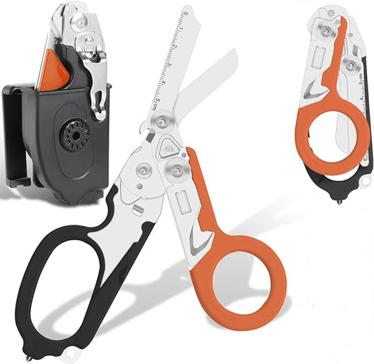 6-in-1 Heavy Duty Emergency/Trauma Shears, with Carbide Glass Breaker, Ring Cutter, Foldable, Stainless Steel Multi-Purpose Scissors for Hospital, Home, Camping, and Travel Rescue Tools (Black+Orange)