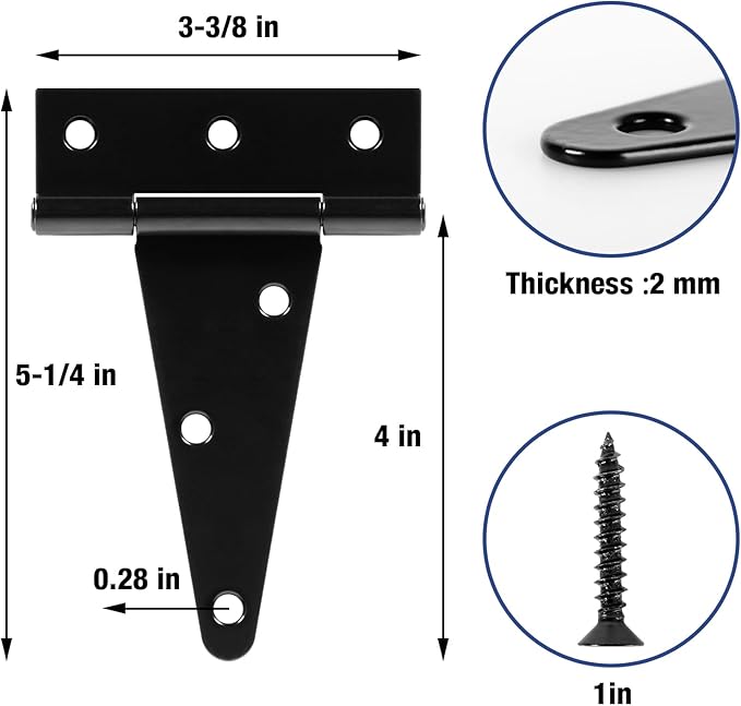 TDCHINGES 4" Heavy Duty T Strap Tee Hinge 6 Pack Barn Farm Fence Gate Door Hinges for Shed Doors Outdoor Kitchen Wood Cabinet Interior or Exterior Window Bar Shop Matte Blake Door Hinge Hardware Kit