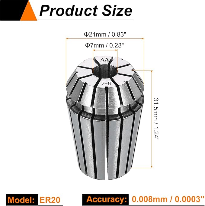HARFINGTON Spring Collet Chuck ER20 7mm 65Mn Spring Steel Precision Router Collets for CNC Engraving Milling Lathe Tool