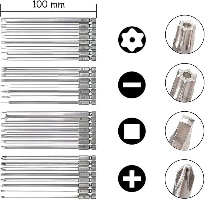 30pcs 100mm Long Screwdriver Drive Bits Magnetic Drill Bit Set 1/4 Inch Hex Shank S2 Steel Security Screw Bit Kit Power Tools (Slotted + Cross + Square + Torx Bits)
