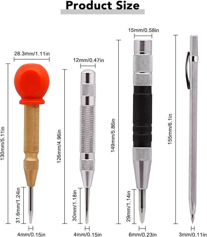 4 Pack 5 Inch and 6 Inch Automatic Center Punch Set, Adjustable Spring Loaded Center Punch and Metal Engraving Pen for Metal Wood Working with Tool Storage Bag