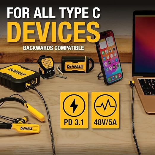 DEWALT Heavy Duty 90-Degree Angled 100W USB C Cable, Jobsite 100 Watt USB C Cable, High Speed Type-C to Type-C, PD USBC Fast Charging Cord for iPhone 16/15 Plus Pro Max, MacBook, iPad (6 Foot)