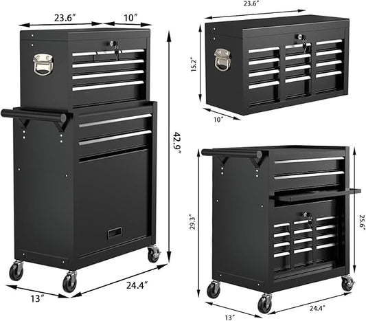 8 Drawer Rolling Tool Chest, High Capacity Tool Box with Lockable Wheels and Drawers, 2 in 1 Portable Toolbox Organizer Storage Cabinet For Garage, Warehouse, Repair Shop