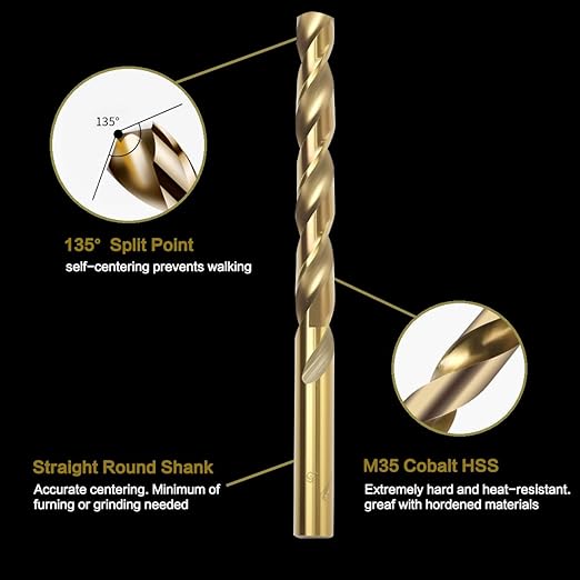13Pcs Cobalt Drill Bit Set (1/16"-1/4"), M35 HSS, 135 Degree Tip, Twist Jobber Length for Hardened Metal, Stainless Steel, Cast Iron, Wood, and Plastics, with Index Storage Case