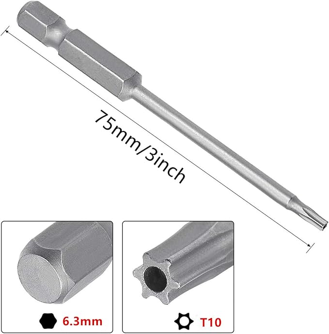 XMHF 10Pcs 75mm/3inch Long 1/4 Inch Hex Shank T10 Torx Head Magnetic Screwdriver Bits Security Tamper Proof Star 6 Point Screw Driver Set