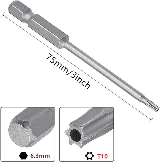 XMHF 10Pcs 75mm/3inch Long 1/4 Inch Hex Shank T10 Torx Head Magnetic Screwdriver Bits Security Tamper Proof Star 6 Point Screw Driver Set