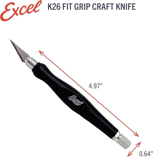 Excel Blades Fit Grip Craft Knife With #11 Ultra-Sharp Carbon Steel Angled Blade ??Precision Craft Knife With Contoured Rubberized Grip For DIY, Art, Hobby, And Model Projects ??Black, Made In The USA