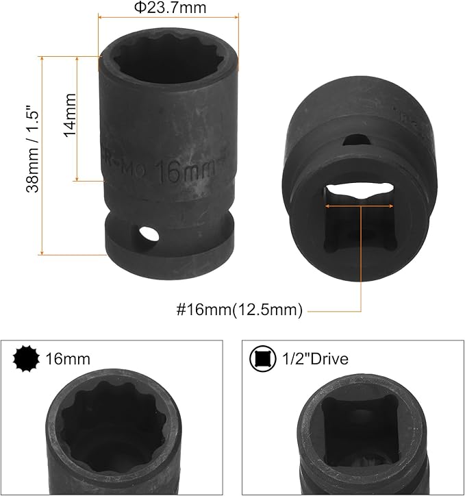 uxcell 1/2" Drive x 16mm Shallow Impact Socket 12-Point Metric CR-MO Steel Nut Impact Grade Socket for Auto Repair
