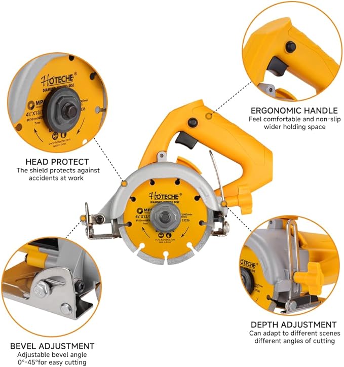 Hoteche 4-3/8-Inch Dry/Wet Masonry&Tile Saw 1300W Electric Cutter for Stone, Ceramic and Marble Cutting(Tool Only)