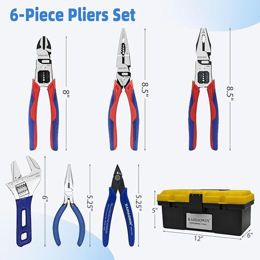 KAIHAOWIN 6-Piece Tool Set with Case, 8.8??Long Nose, 8.8??Linesman, 8??Diagonal, 6??Adjustable Wrench, 5??Needle Nose, 5" Flush Cutter for Repairing & Home Use