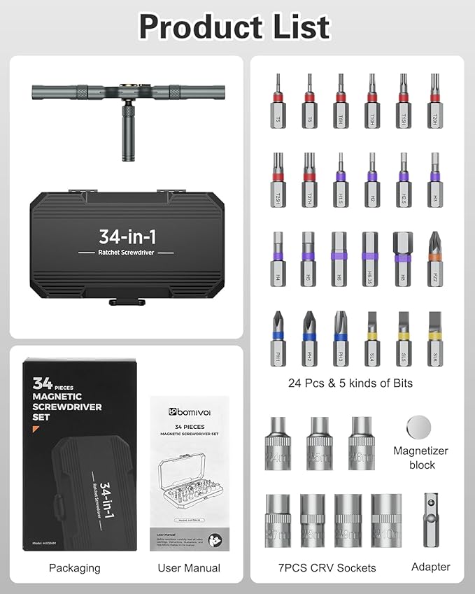34 in 1 Magnetic Screwdriver Set, Ratcheting Screwdriver Set with 1/4??Socket Adapter, 24 Bits & 7 Hex Sockets, Modular Handle, DIY Tool Kit for Furniture, Appliance, Bicycle, Auto Repairs