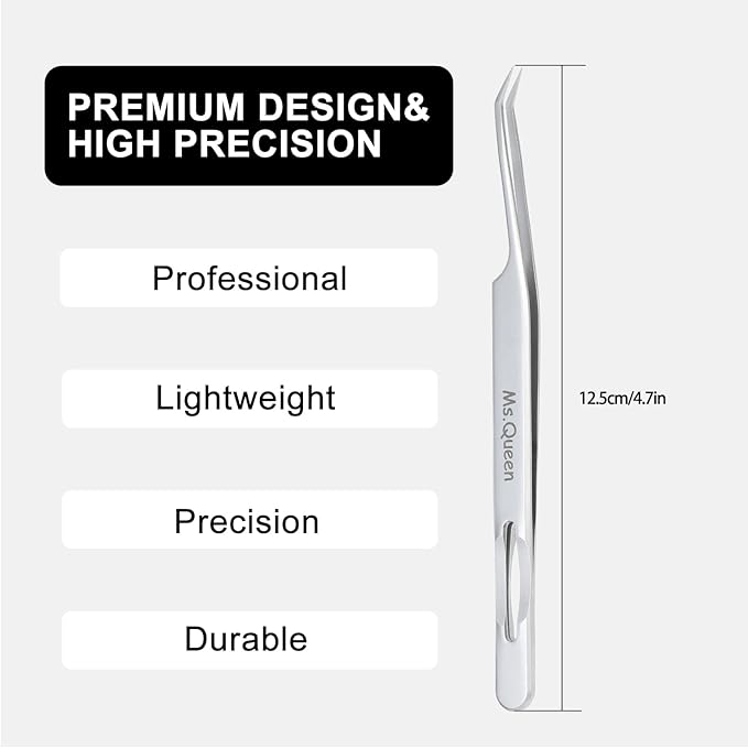 Ms.Queen Lash Tweezers for Eyelash Extensions,Professional Fine Tip 45 Degree Lash Tweezers for Volume Lash Extensions
