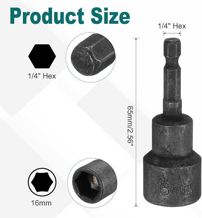 uxcell 2Pcs 1/4 Hex Shank 16mm Magnetic Hex Socket 65mm Length, CR-V Steel Quick-Release Impact Driver Socket Wrench Screw for Impact Drill Power Nut Setter