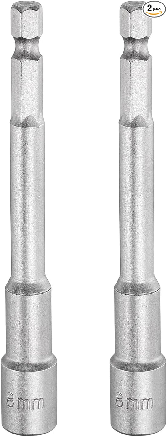 HARFINGTON 2pcs Nut Driver Drill Bit 8mm Metric Socket 1/4" Hex Shank 3.94" (100mm) Long Magnetic 6-Point Sockets Quick Change CR-V Steel Bolt Setters for Power Drill Drivers