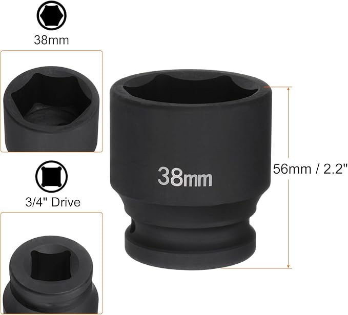 HARFINGTON 6-Point Impact Socket 3/4" Drive 38mm Metric 40Cr Alloy Steel Spindle Axle Nut Impact Socket