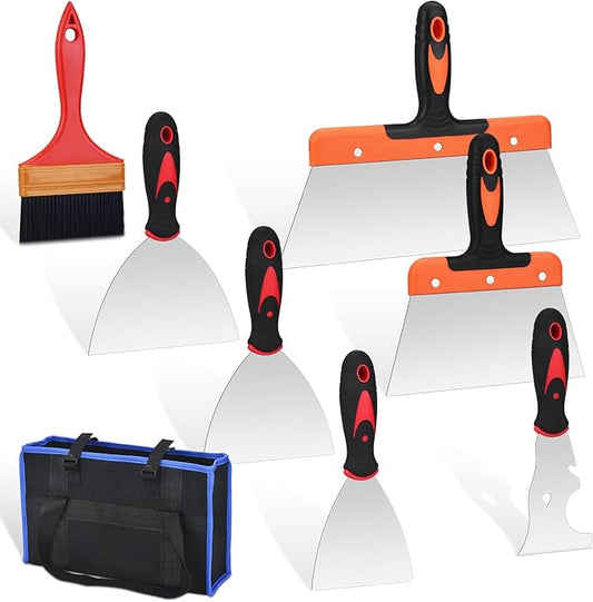 8 PCS Drywall Knife Set, Drywall Hand Tool Kit, Putty Knife in 6 Different Sizes, Brush and Organizer Bag, Spackle Tool Kit for Joint Taping, Finishing, Patching